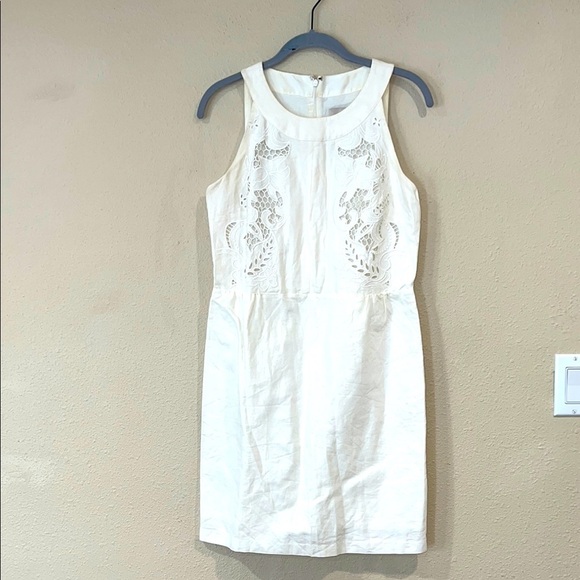 LOFT White Embellished Halter style battenburg cut out graphic Sheath Dress sz 2 - Picture 1 of 8